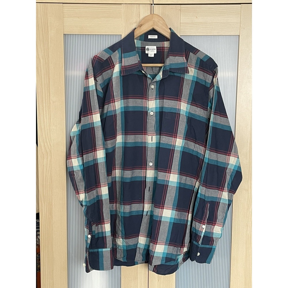 J Crew Men's Tailored Fit Cotton Long Sleeve Button down Shirt XL Blue Plaid